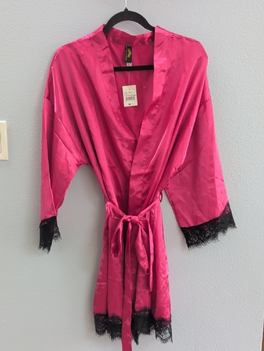 Just Sexy Lingerie Hot Pink Satin Robe with Black Lace Trim